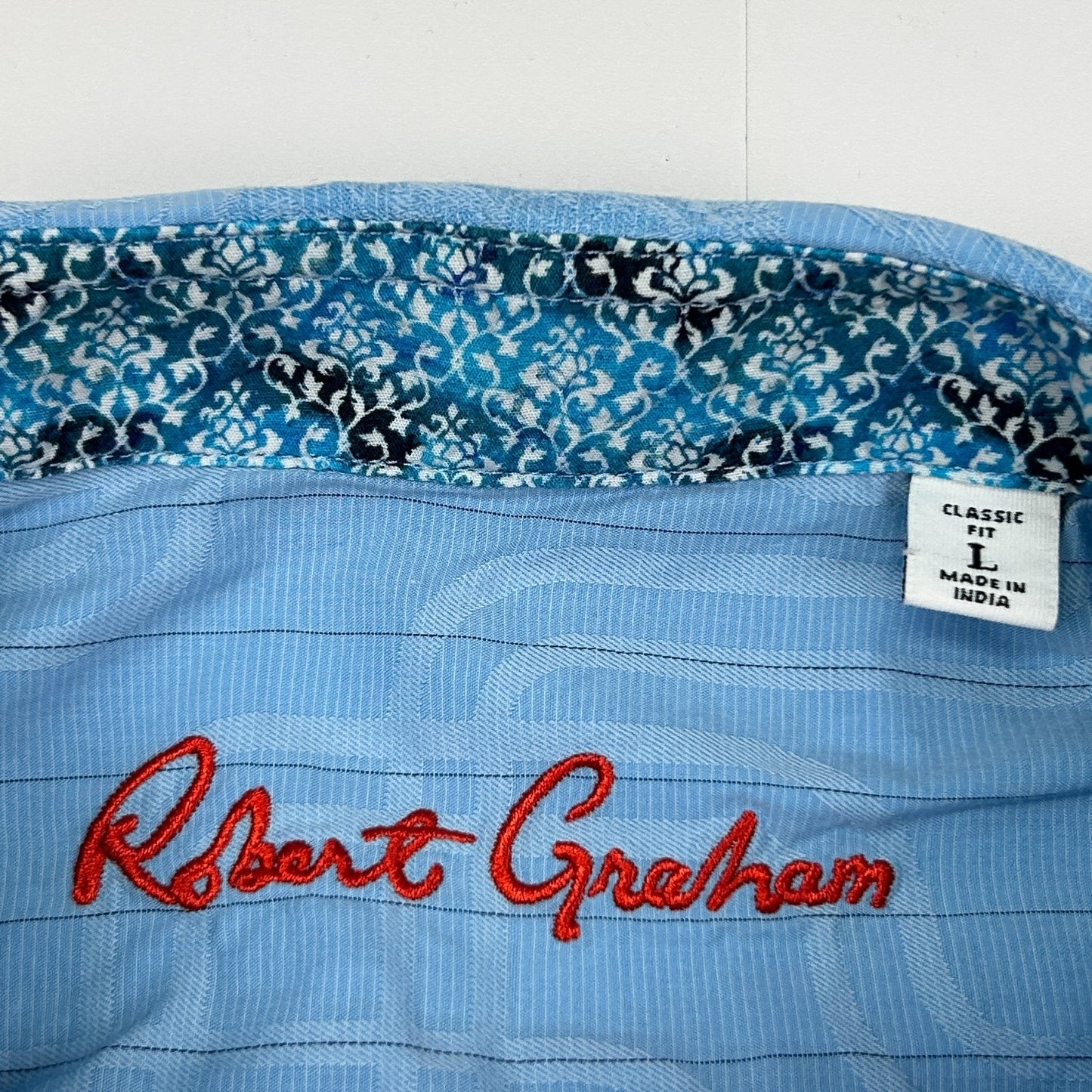 Robert Graham Paisley Button Front Shirt Short Sleeve Blue Mens L Large