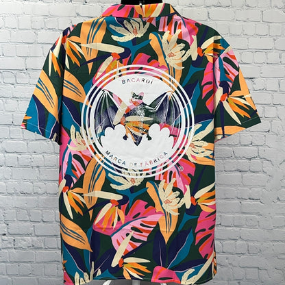 Bacardi Rum Hawaiian Camp Shirt Green Bat Logo Alcoholic Beverage Mens L Large