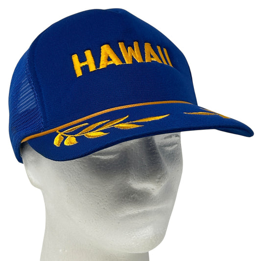 Vintage 80s Hawaii Trucker Hat Cap Scrambled Eggs Leaves Rope Cord Snapback Blue