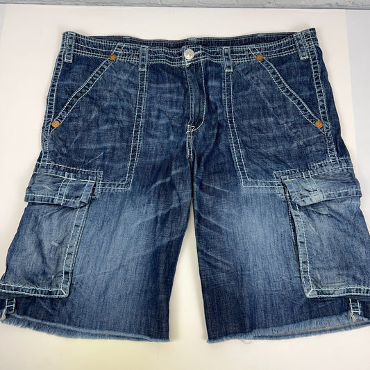True Religion Isaac Denim Basic Cargo Jean Shorts Frayed Cut Off Blue Mens 42