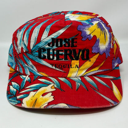 Gorra de béisbol hawaiana roja con estampado floral de K-Products de Jose Cuervo Tequila de los años 90