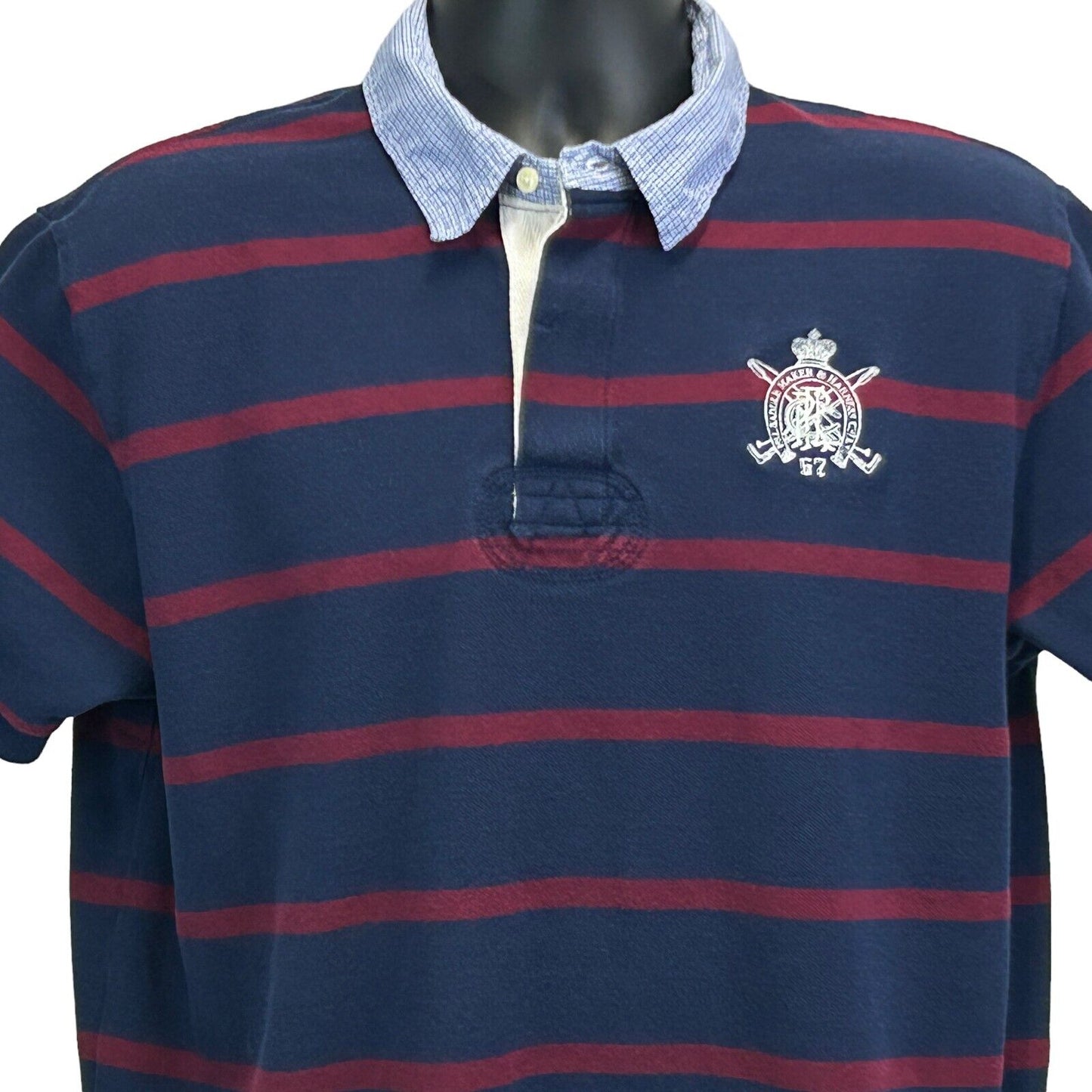 Polo Ralph Lauren Striped Rugby Shirt Large PRL Saddle Maker Crest Mens Blue Red