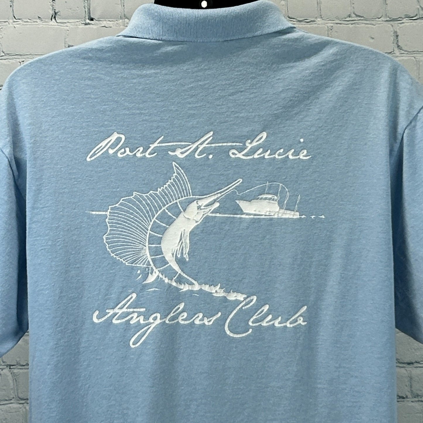 Vintage 90s Port St Lucie PSL Anglers Club Polo Shirt Fishing Blue Mens L Large