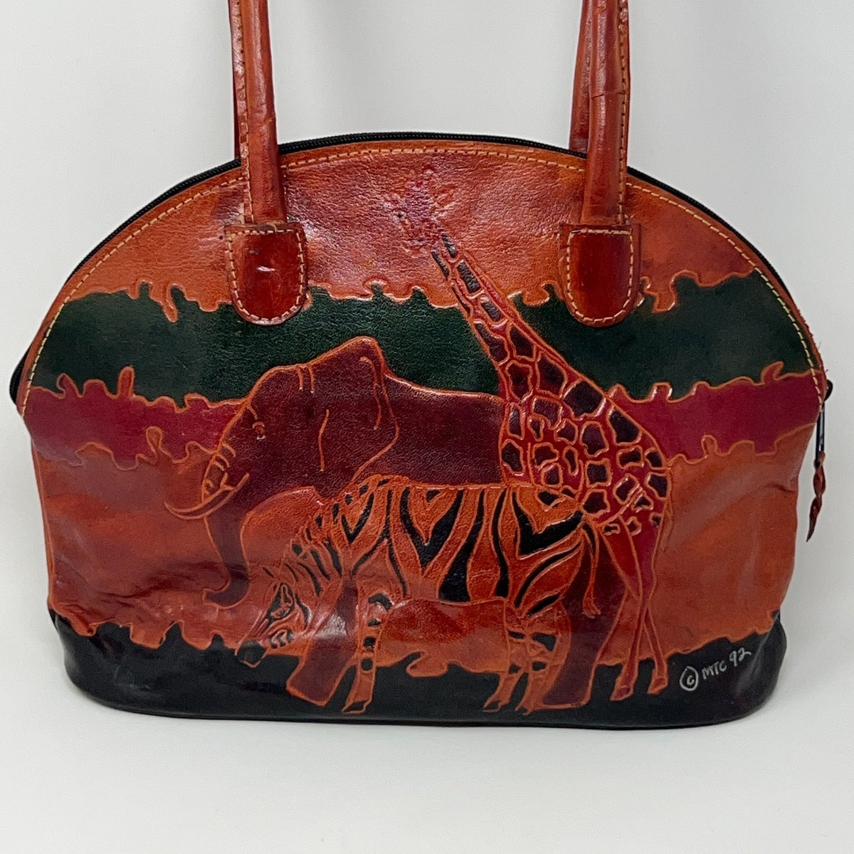 Vintage 90s Tooled Hand Painted Leather Safari Handbag Giraffe Elephant Zebra