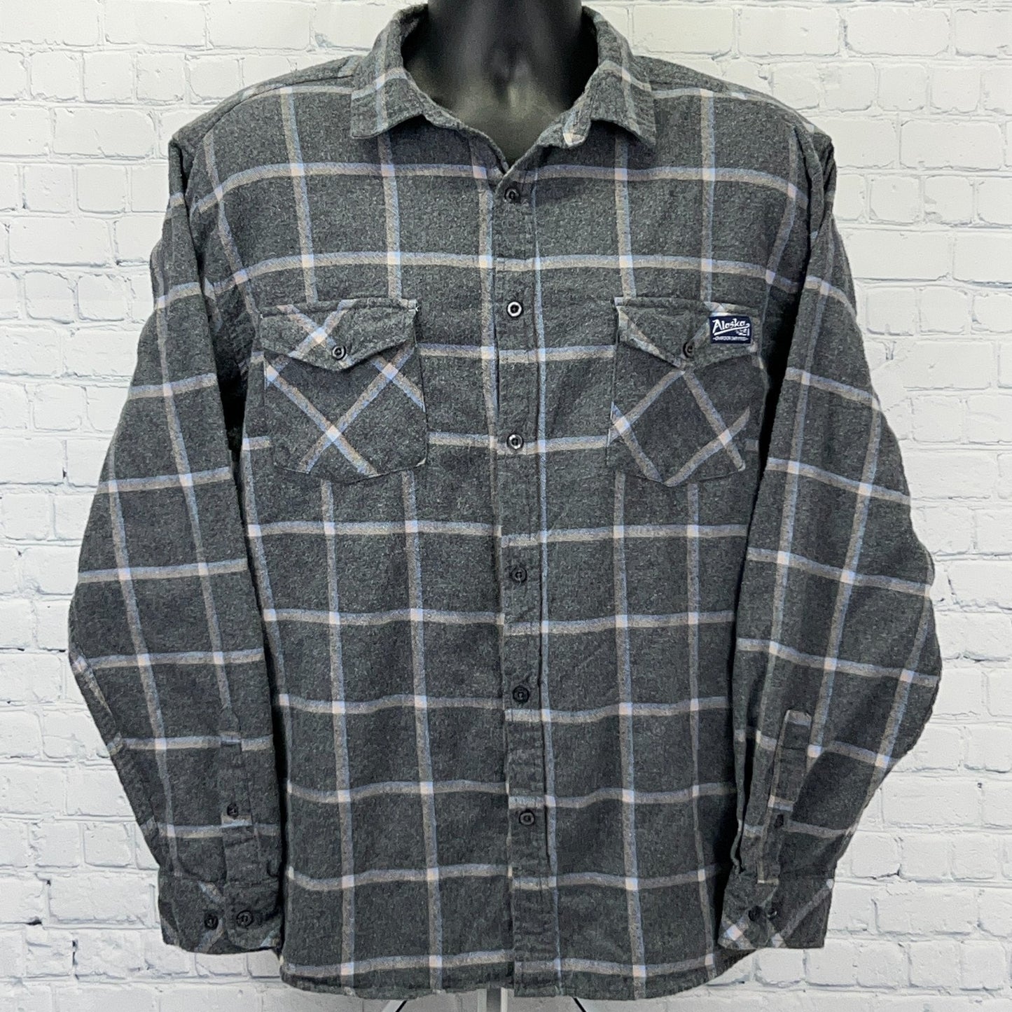 ACE USA Alaska Bay Outfitters Flannel Button Front Shirt XL X-Large Gray Plaid