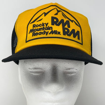 Vintage 80s Rocky Mountain Ready Mix Trucker Hat Baseball Cap Black Snapback USA