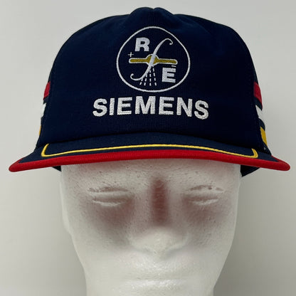 Vintage Siemens RFE 3 Stripe Trucker Hat Cap Blue 80s Mesh Snapback 5 Panel USA