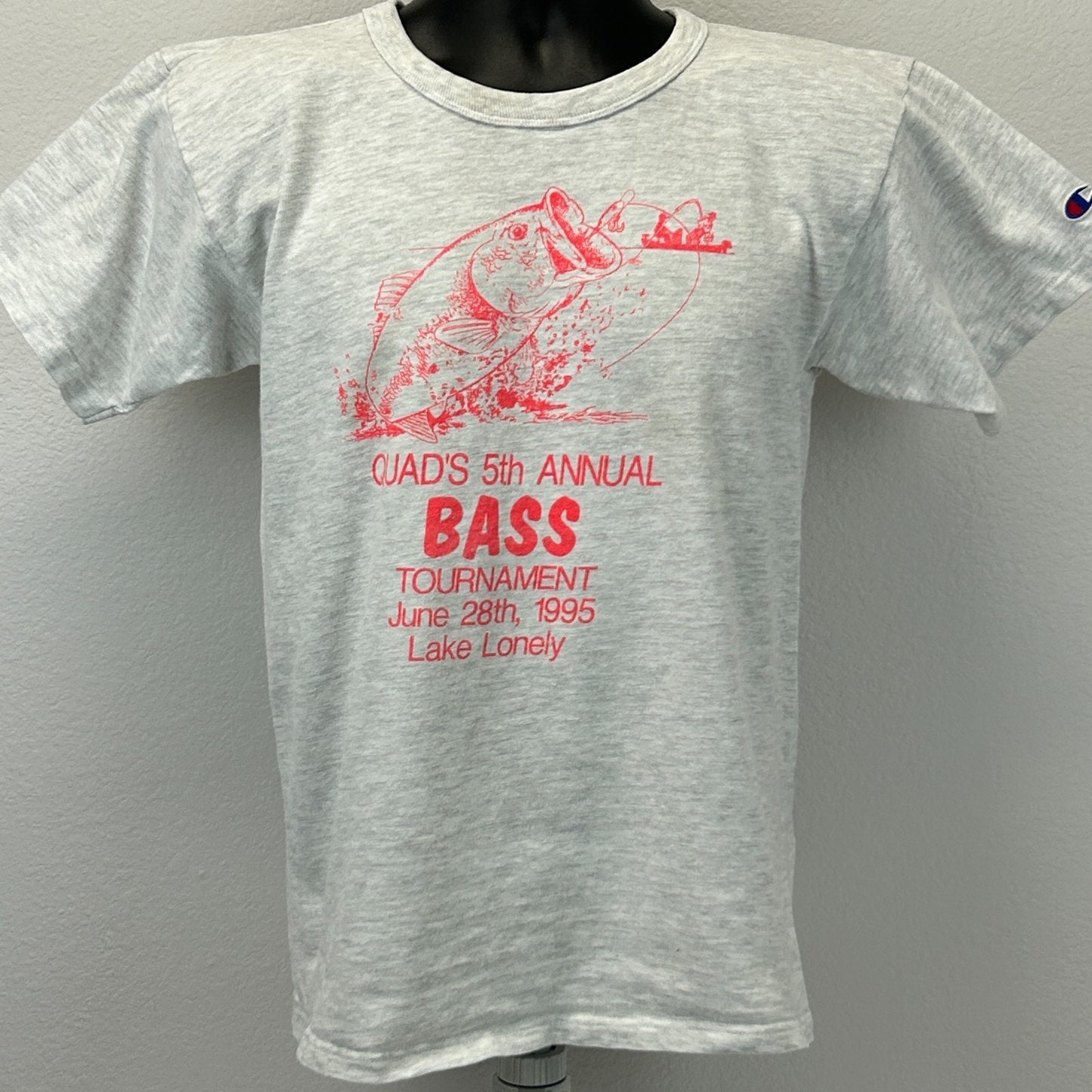 Vintage 90s Quads Bass Fishing Tournament T Shirt Lake Lonely NY Gray S Small