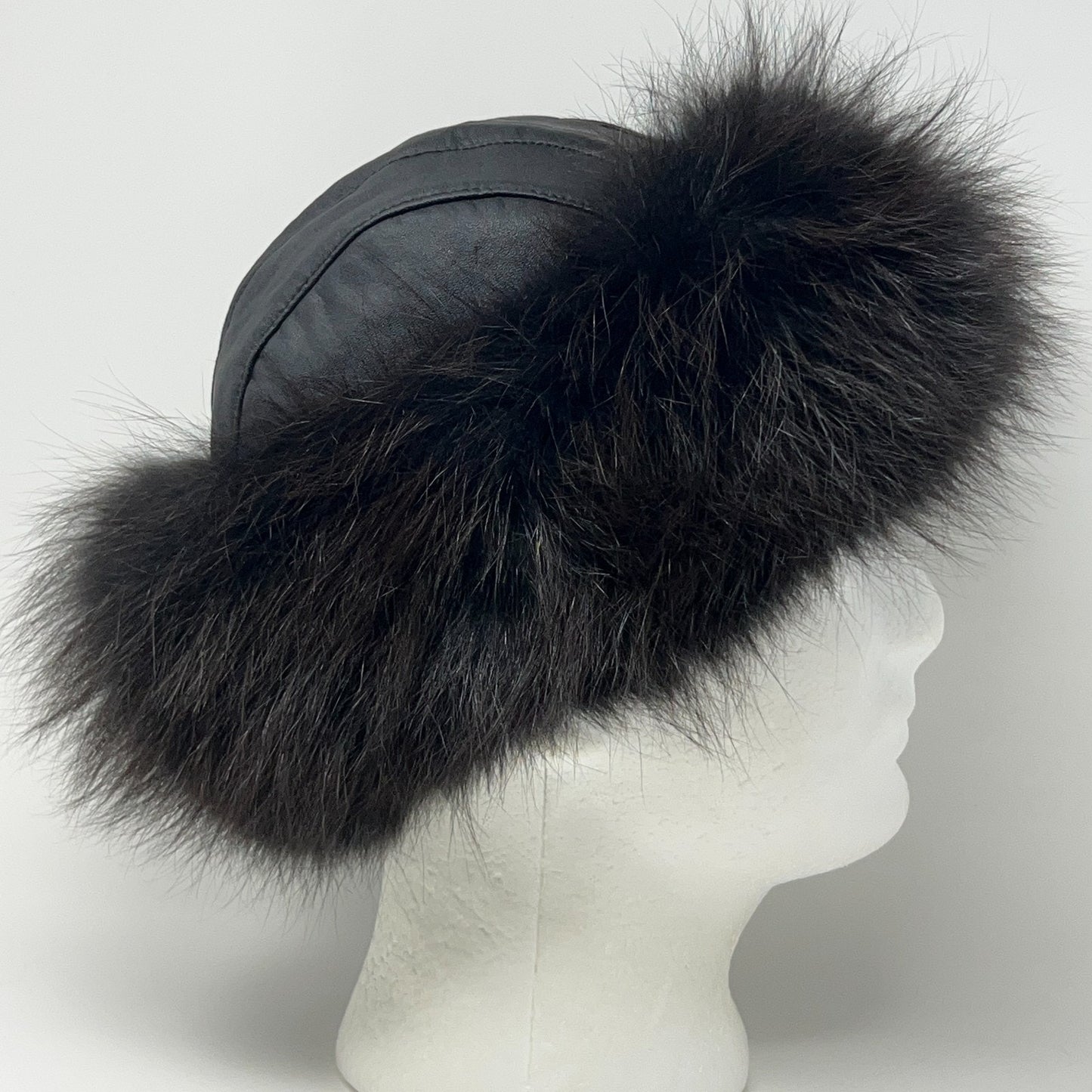 Leather and Fur Mongolian Cossack Roller Hat 59cm Black Brown Quilted Vintage