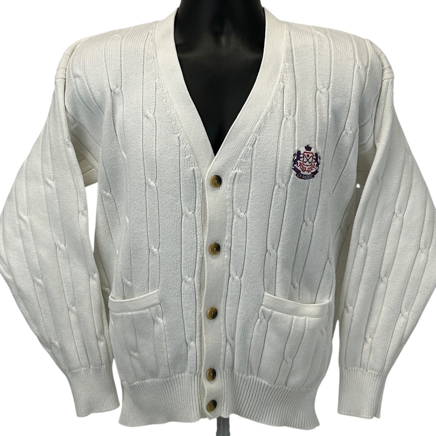 Vintage 80s La Mode Golf Cable Knit Cardigan Sweater Crest White Mens S Small