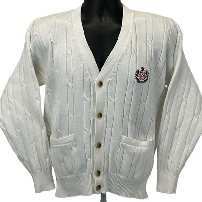 Vintage 80s La Mode Golf Cable Knit Cardigan Sweater Crest White Mens S Small