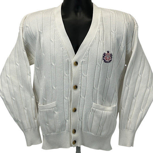 Vintage 80s La Mode Golf Cable Knit Cardigan Sweater Crest White Mens S Small