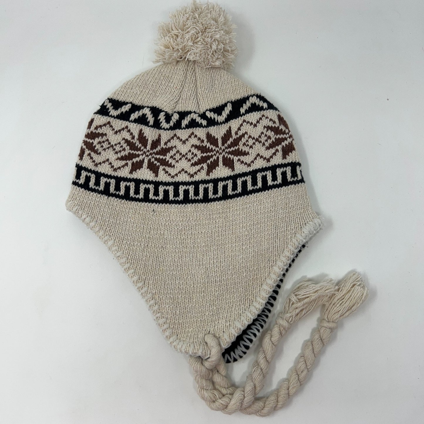Beige Brown Ear Flap Winter Hat Beanie One Size Knit Pom Tassel Fleece Lined