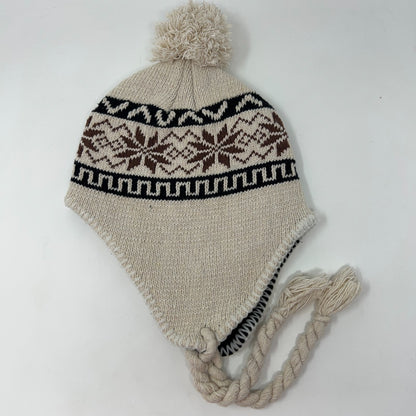 Beige Brown Ear Flap Winter Hat Beanie One Size Knit Pom Tassel Fleece Lined