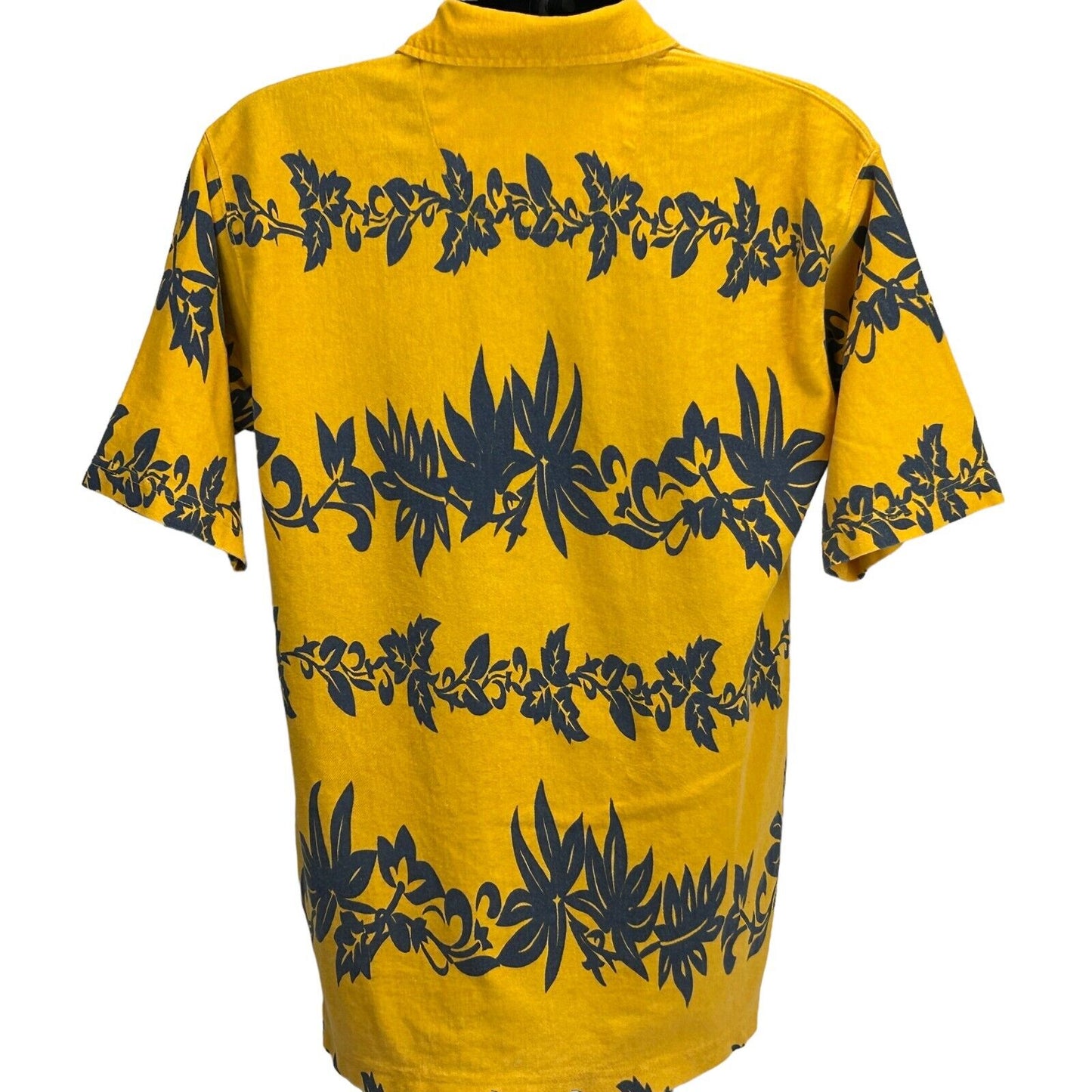 Faded Glory Hawaiian Polo T Shirt Floral Striped Yellow Blue Tee Large