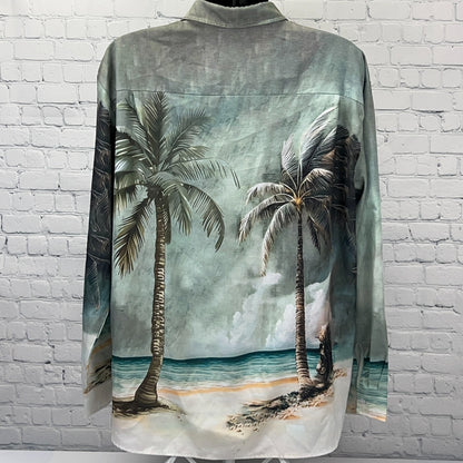 Hardaddy Hawaiian Shirt XL X-Large Green Palm Tree Beach Long Sleeve Button Down
