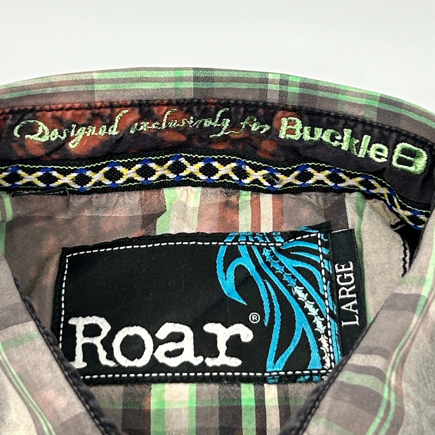 Roar x Buckle Button Front Shirt Cross Wings Long Sleeve Plaid Beige L Large