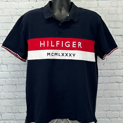 Tommy Hilfiger Polo Shirt Blue Colorblock Embroidered Short Sleeve XL X-Large - Neon Vintage