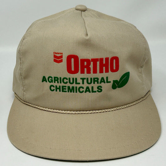 Vintage 80s Chevron Ortho Agricultural Chemicals Hat Cap K-Brand USA Made Beige - Neon Vintage