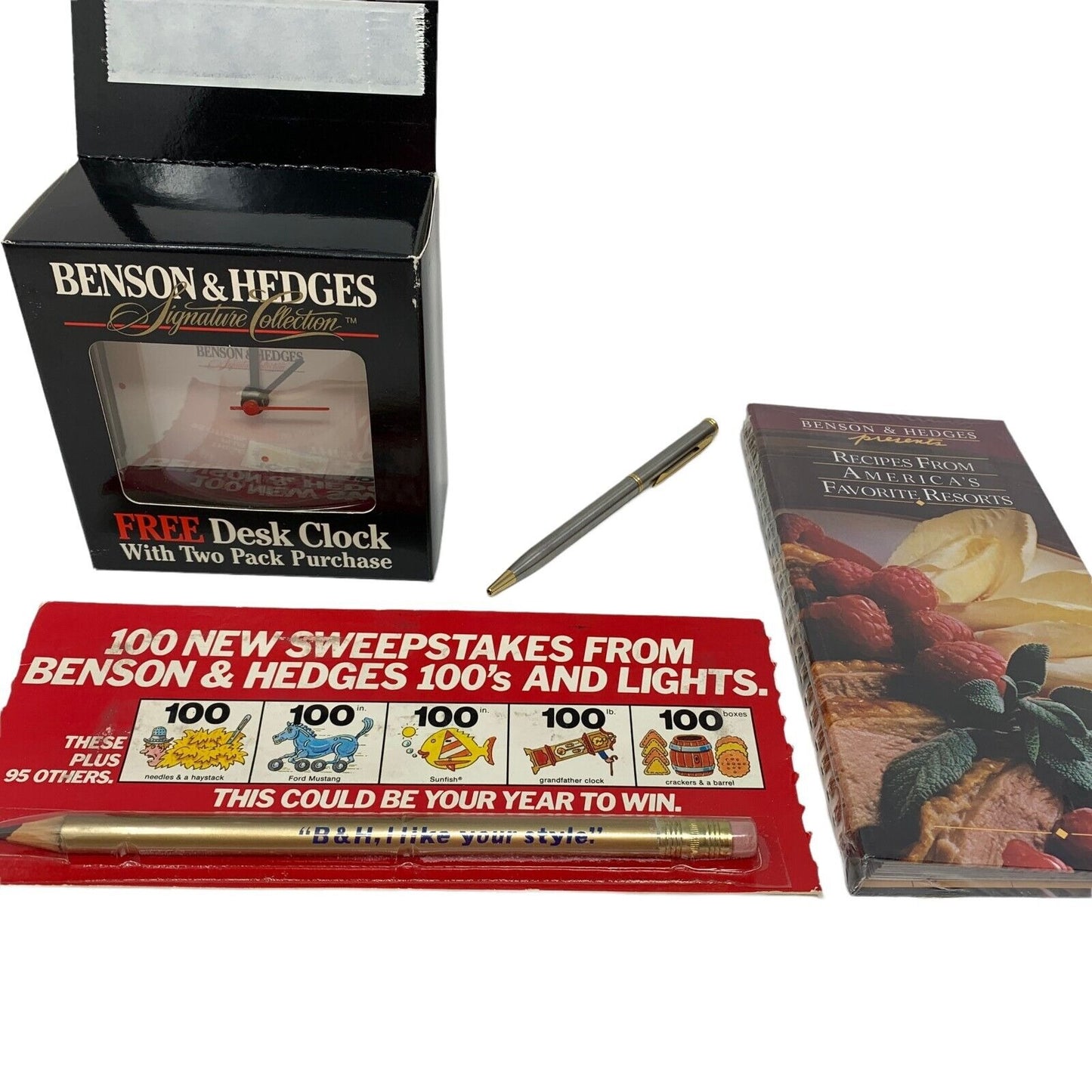 Vintage Lot of Benson & Hedges Cigarettes Desk Clock Recipe Book Pen Pencil New