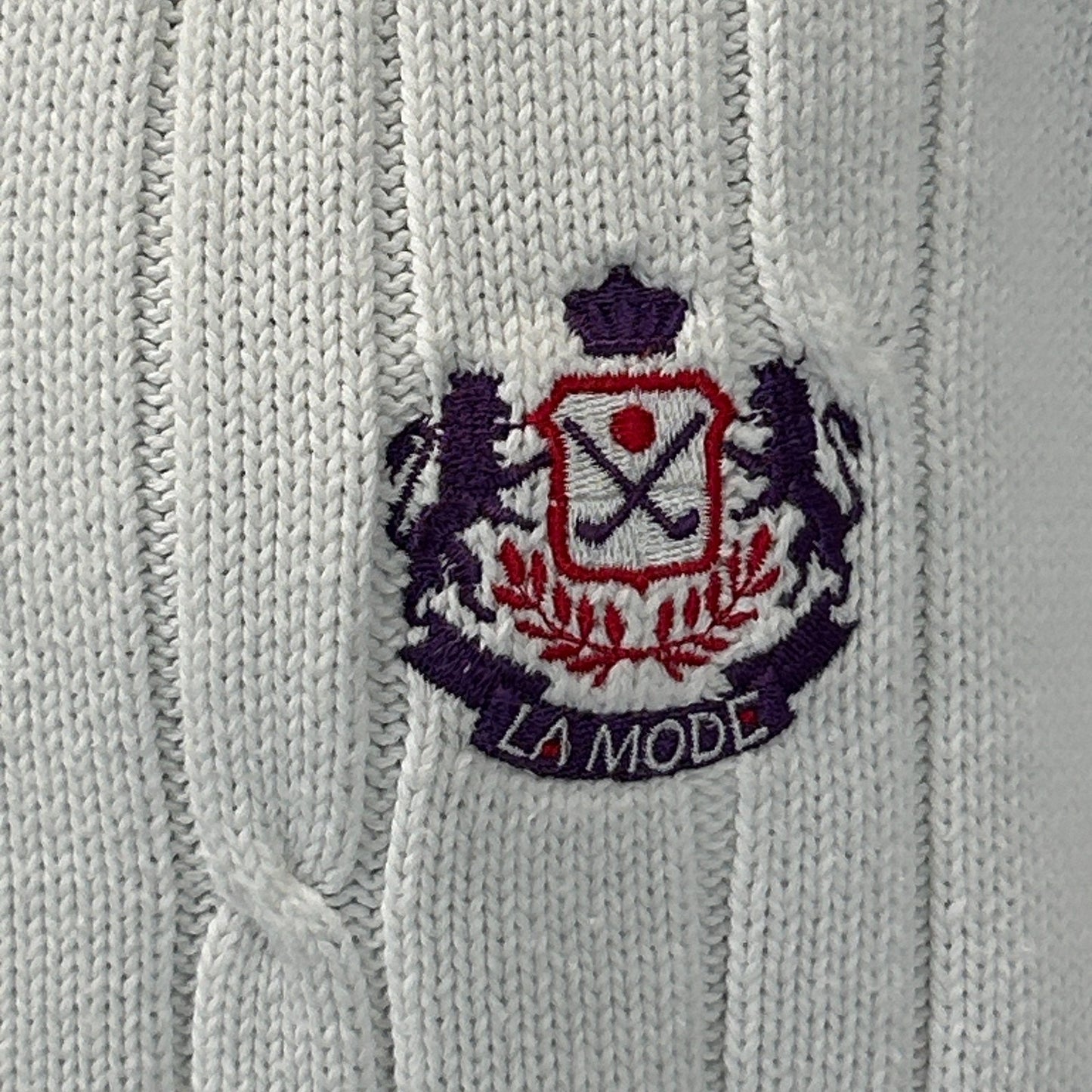 Vintage 80s La Mode Golf Cable Knit Cardigan Sweater Crest White Mens S Small