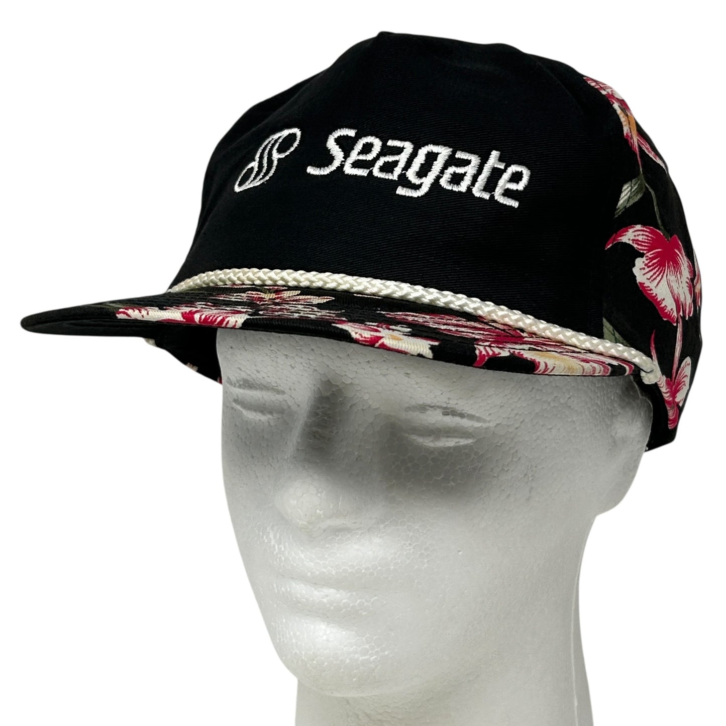 Vintage 80s Seagate Floral Hat Cap Computers Technology Hawaiian Snapback Black