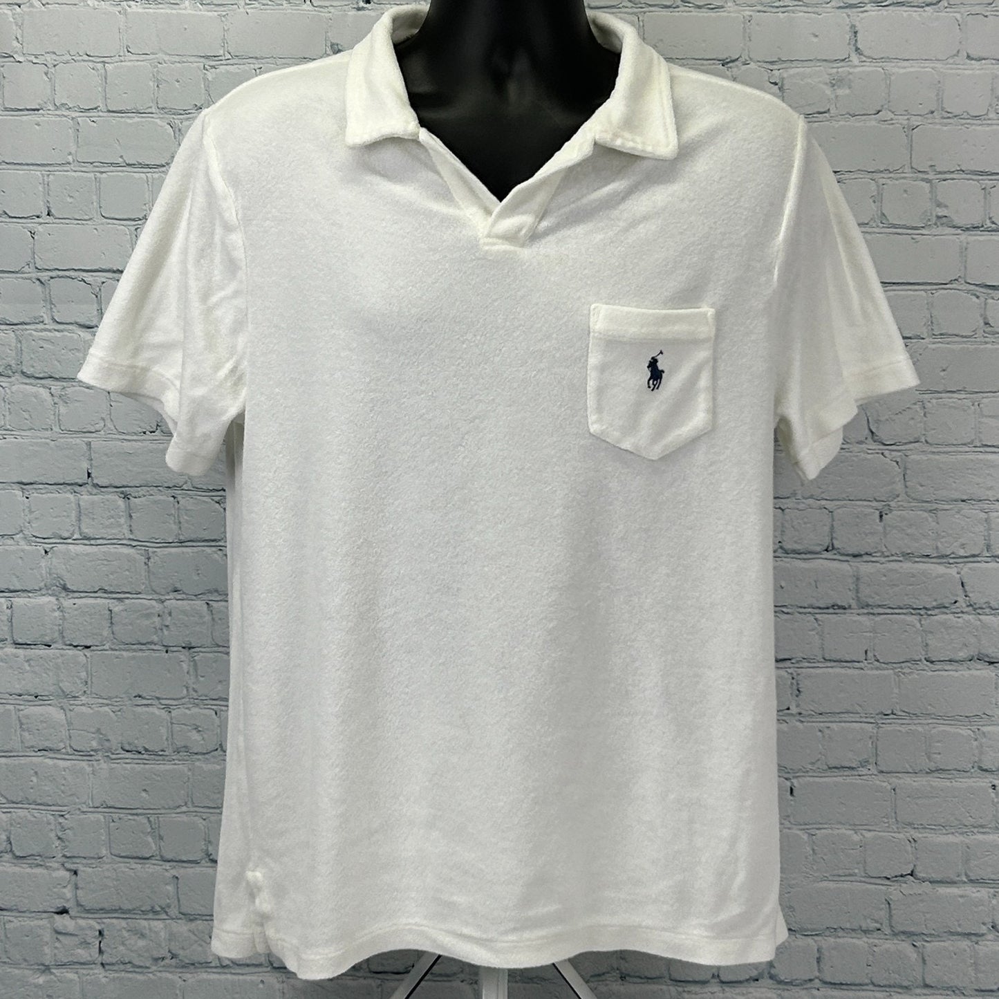 Polo Ralph Lauren Terry Cloth Polo Shirt White Johnny Collar Pocket Mens L Large
