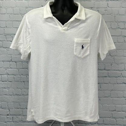 Polo Ralph Lauren Terry Cloth Polo Shirt White Johnny Collar Pocket Mens L Large