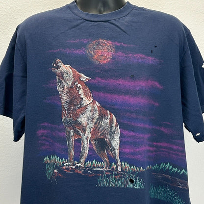 Vintage Distressed Howling Wolf T Shirt Mens X-Large Moon Wolves 90s USA Blue