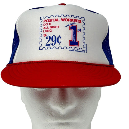 Gorra de camionero con el lema "Los trabajadores postales lo hacen toda la noche" Gorra de béisbol azul vintage de los años 90