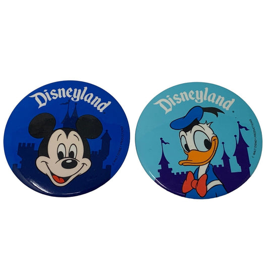 Lote de 2 botones Pinback Disneyland Vintage 80s Mickey Mouse Donald Duck Disney