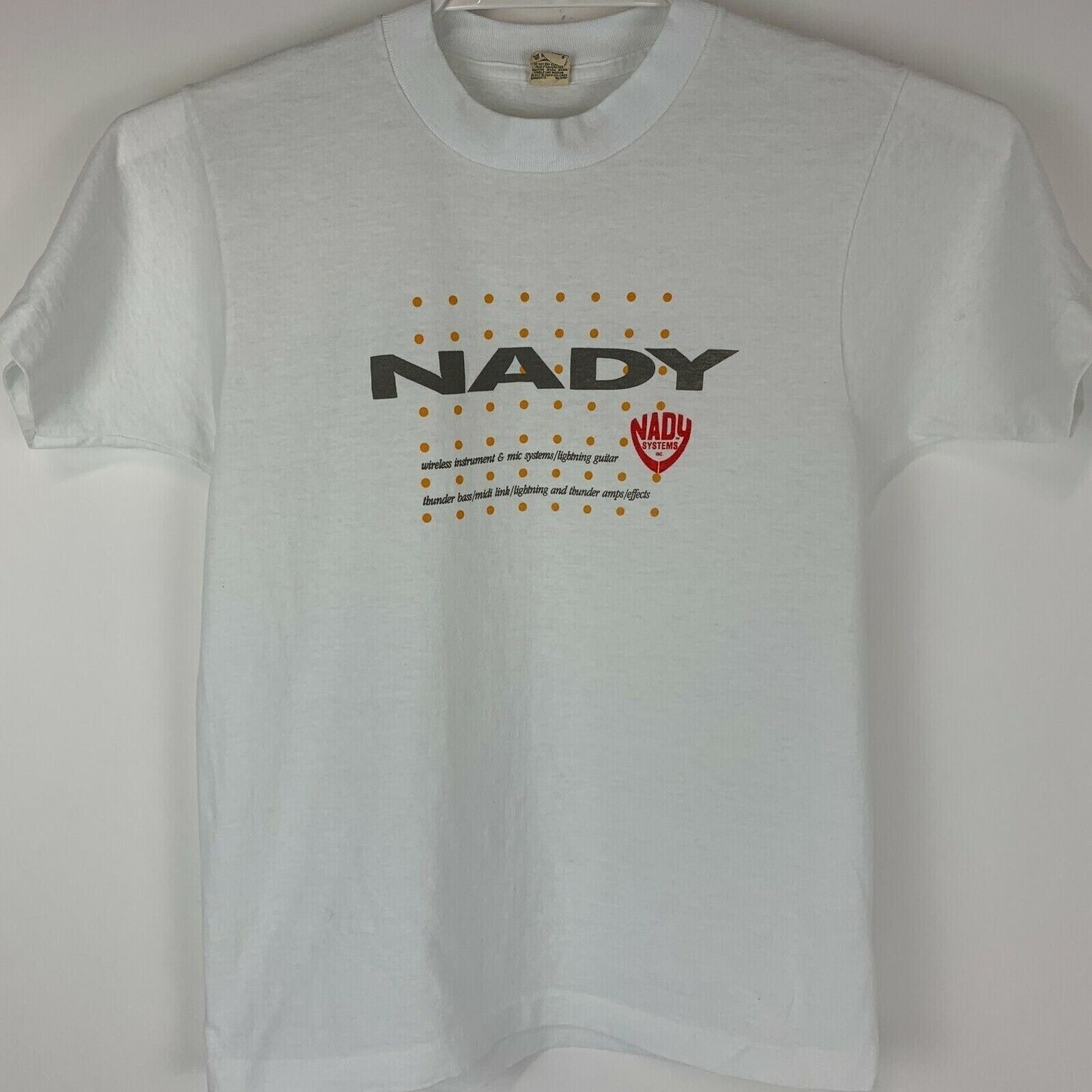 Camiseta vintage NADY Systems con amplificador de bajo y micrófono, años 80, para hombre, color blanco