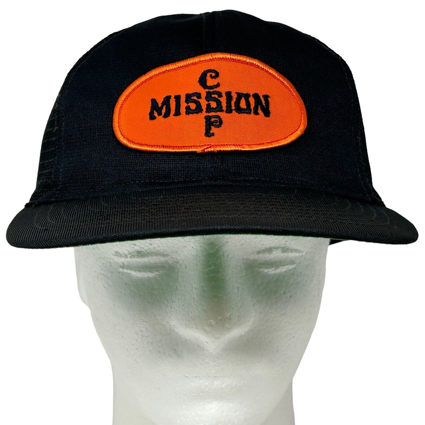 Gorra de camionero con parche CSP de Mission CP, gorra de béisbol con cierre trasero de malla negra de los años 80