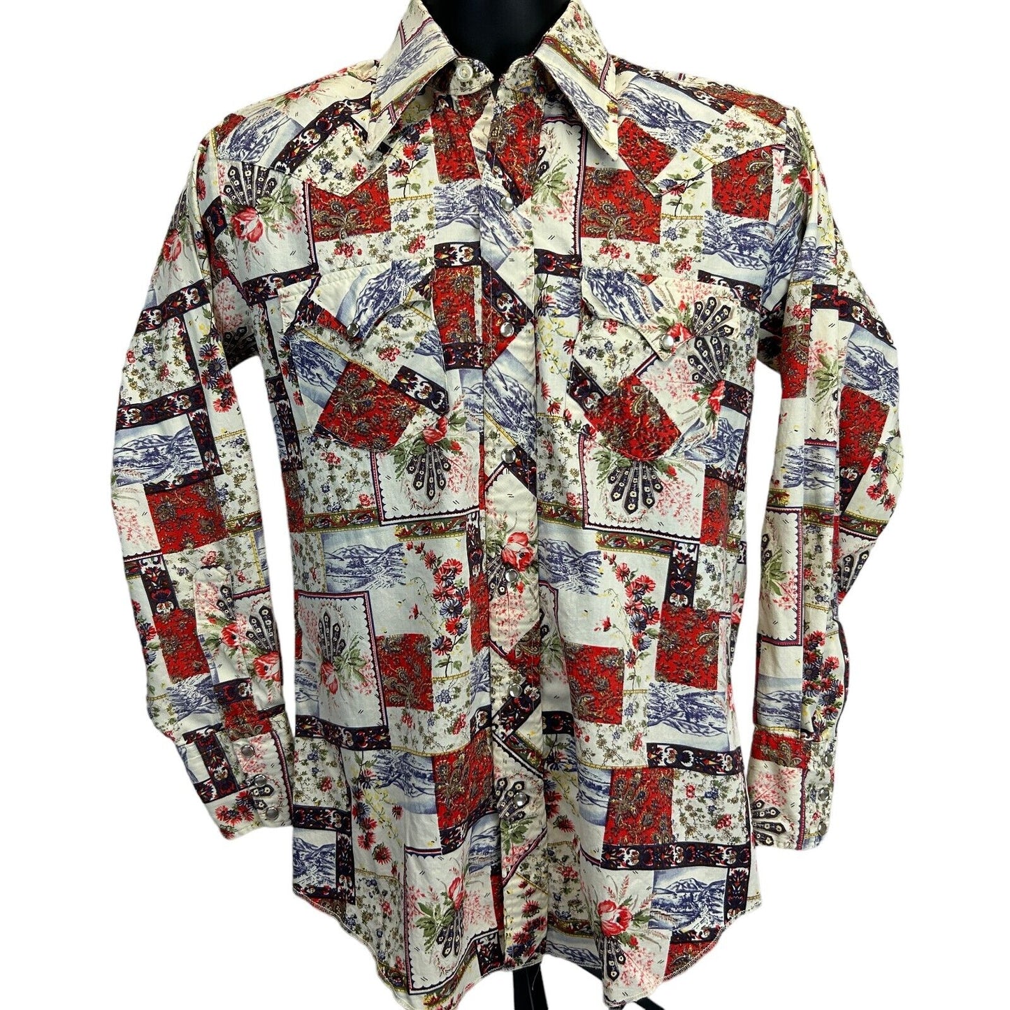 Karman 复古 70 年代珍珠按扣正面衬衫花卉拼布外观中号