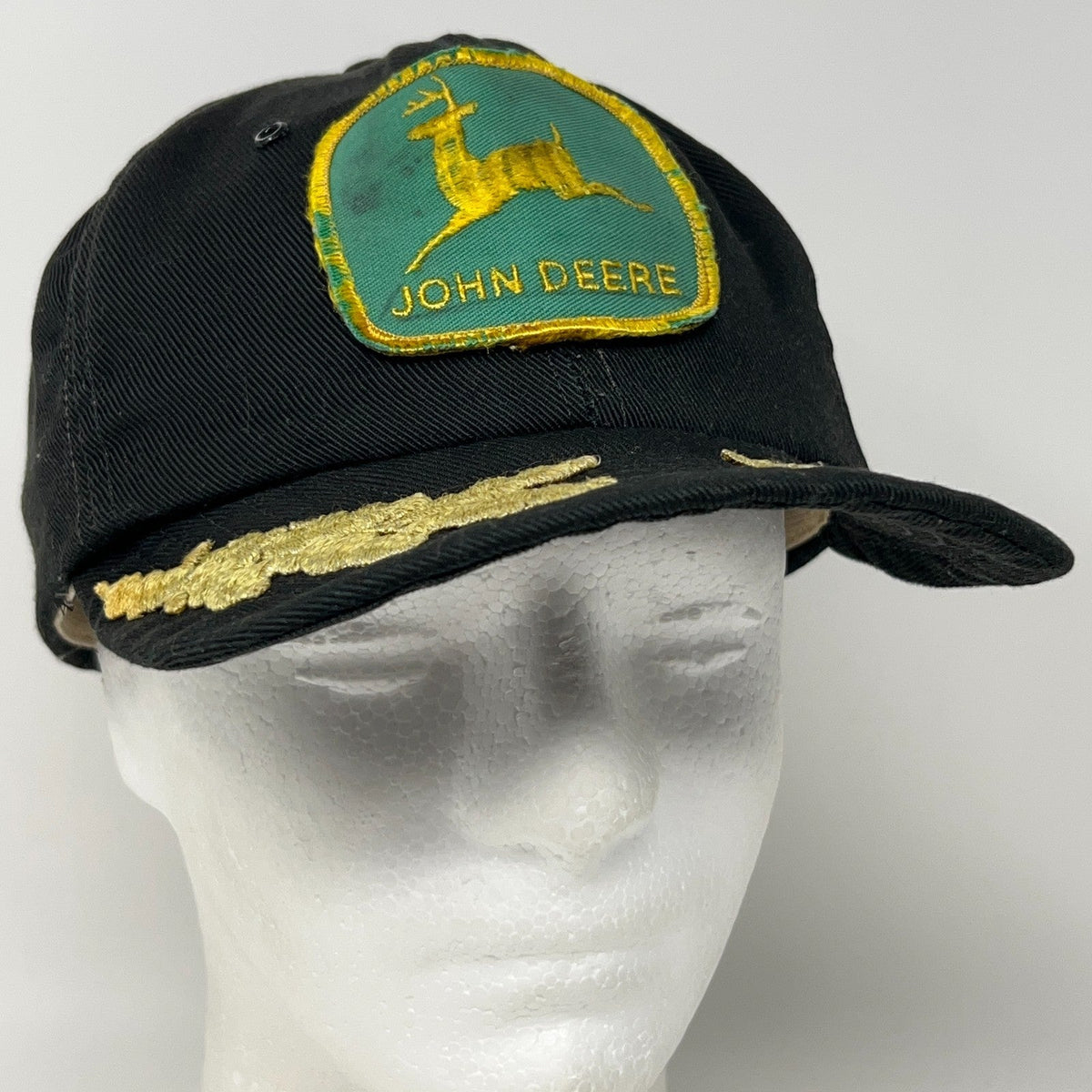Vintage John Deere Hat Baseball Cap Black USA Made Gold Leaf Tractor Distressed