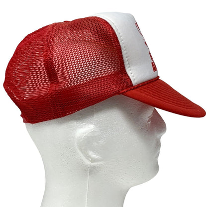 Gorra de béisbol de malla roja de los años 80 con el mensaje "Hola, tienes las respuestas" y el teléfono