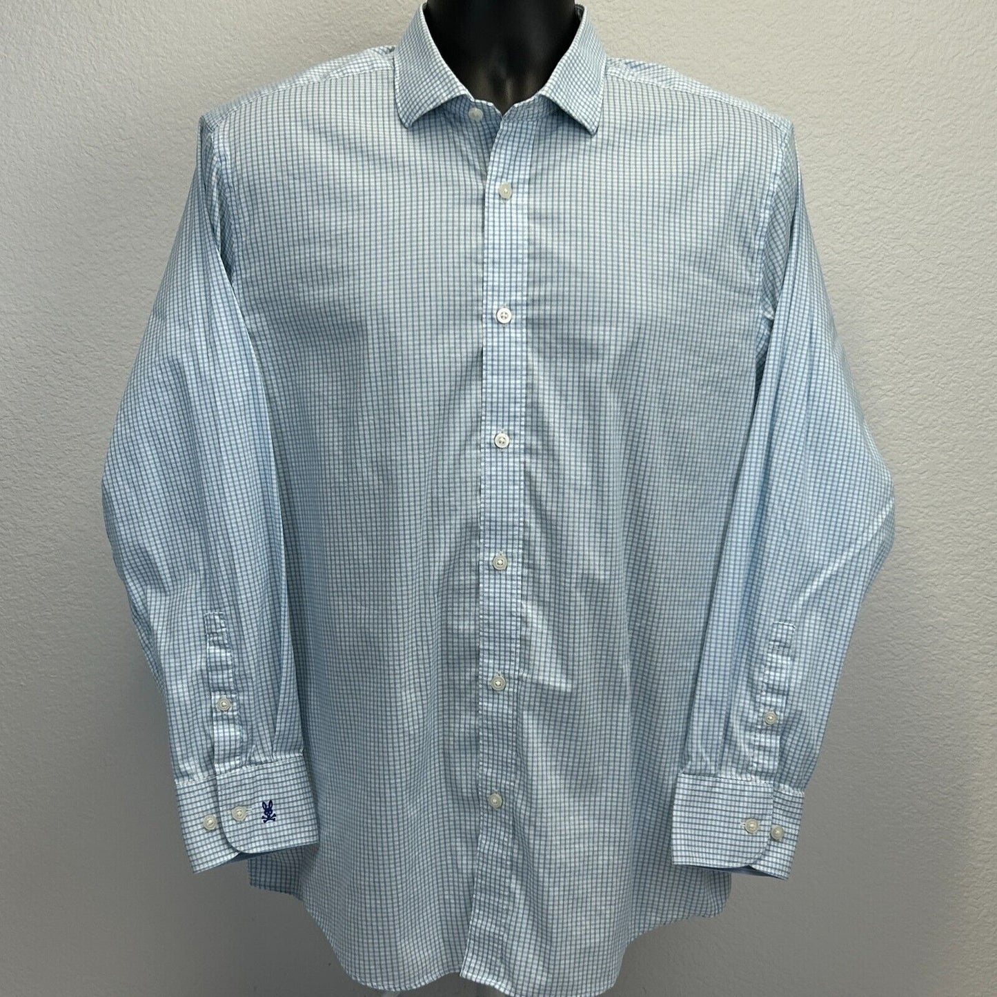 Camisa de vestir con botones al frente de Psycho Bunny, talla grande 16 1/2 32-33, a cuadros, para hombre, azul