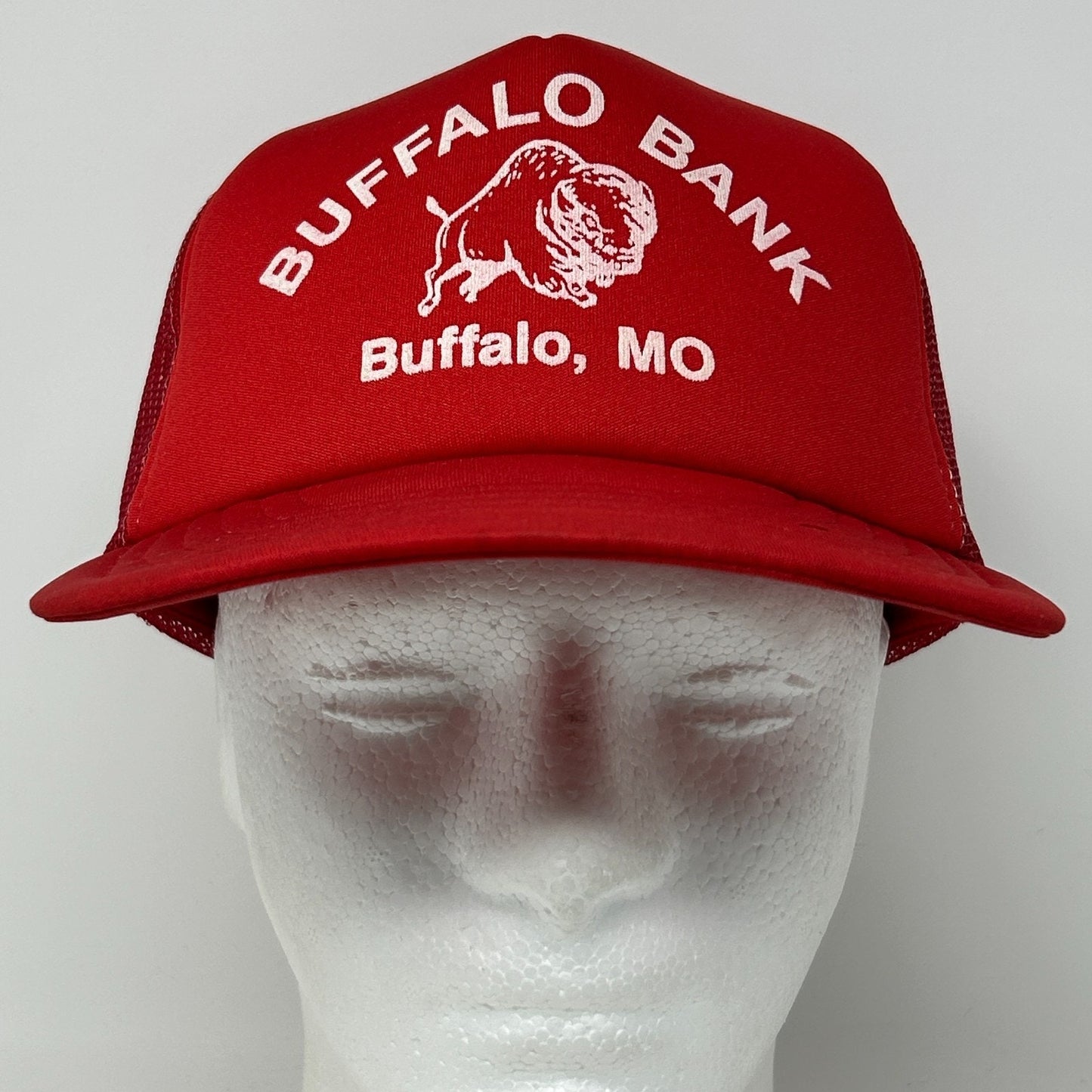 Vintage 80s Buffalo Bank Trucker Hat Baseball Cap Missouri Mesh Snapback Red