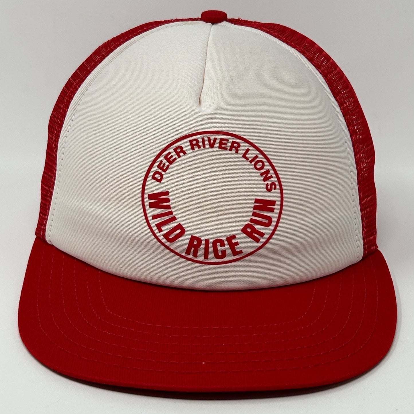 Vintage Deer River Lions Club Wild Rice Run Trucker Hat Cap Red 80s Snapback USA