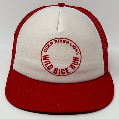 Vintage Deer River Lions Club Wild Rice Run Trucker Hat Cap Red 80s Snapback USA