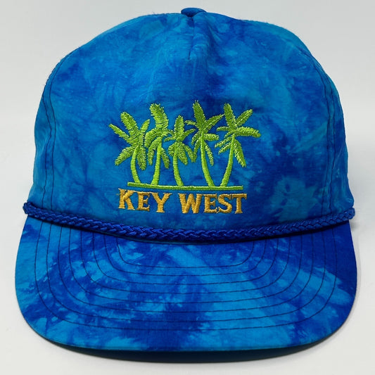 Vintage 90s Key West Florida Hat Baseball Cap Blue Tie Dye Travel Strapback Rope - Neon Vintage