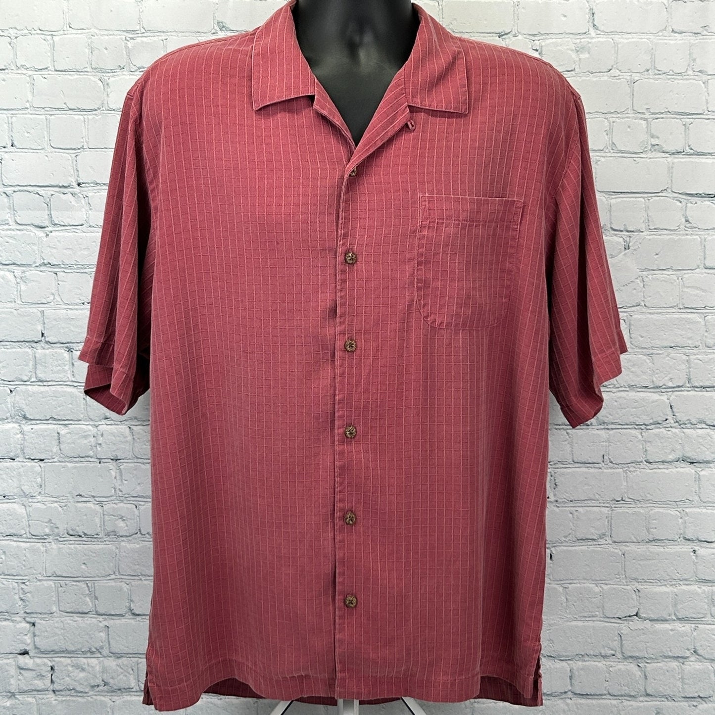 Tommy Bahama Hawaiian Camp Shirt Check Grid Button Front Pocket Silk Red L Large - Neon Vintage