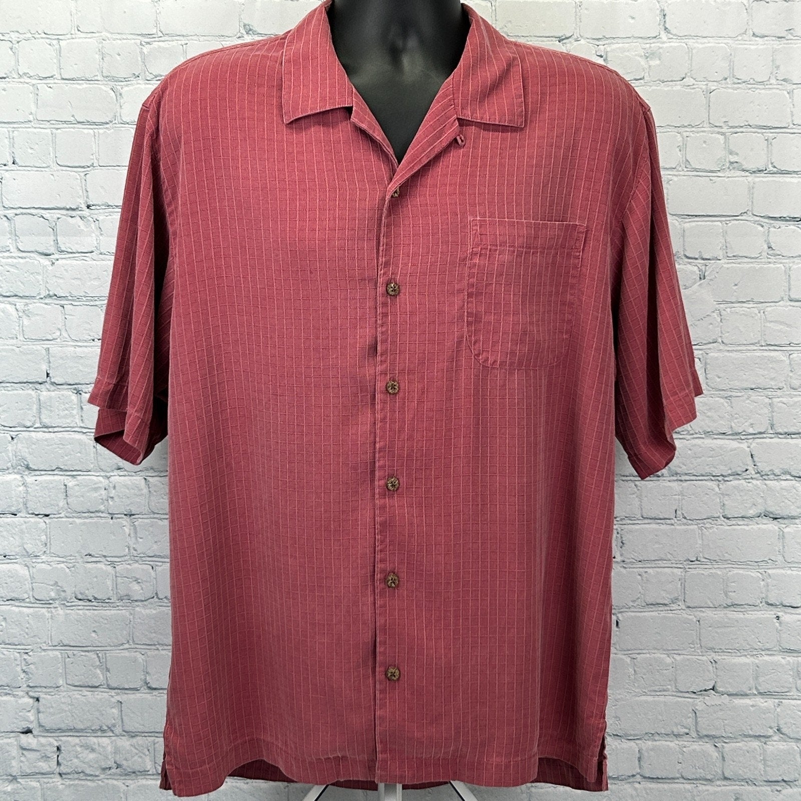 Tommy Bahama Hawaiian Camp Shirt Check Grid Button Front Pocket Silk Red L Large - Neon Vintage