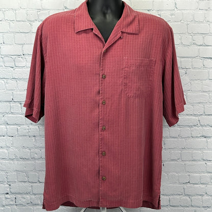 Tommy Bahama Hawaiian Camp Shirt Check Grid Button Front Pocket Silk Red L Large - Neon Vintage