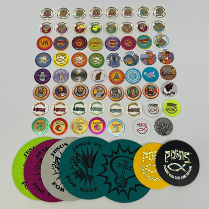 Vintage 90s Lot of 70 Christian Milk Caps Pieces Pogs Slammers Mats Jesus Bible