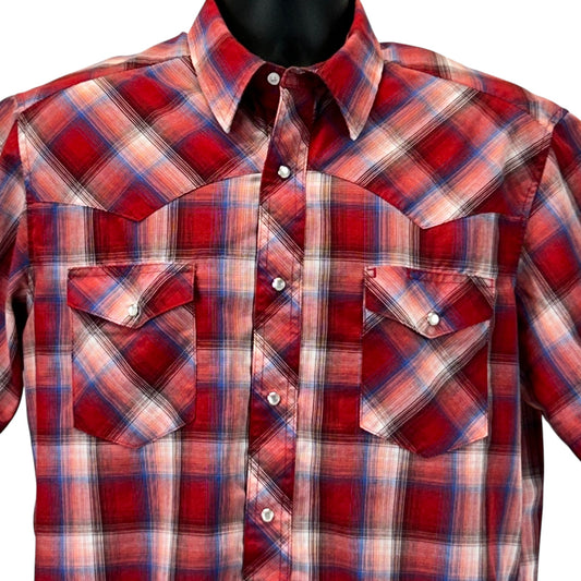 Wrangler Western Pearl Snap Shirt Mens Large Cowboy Button Front SS Plaid Red