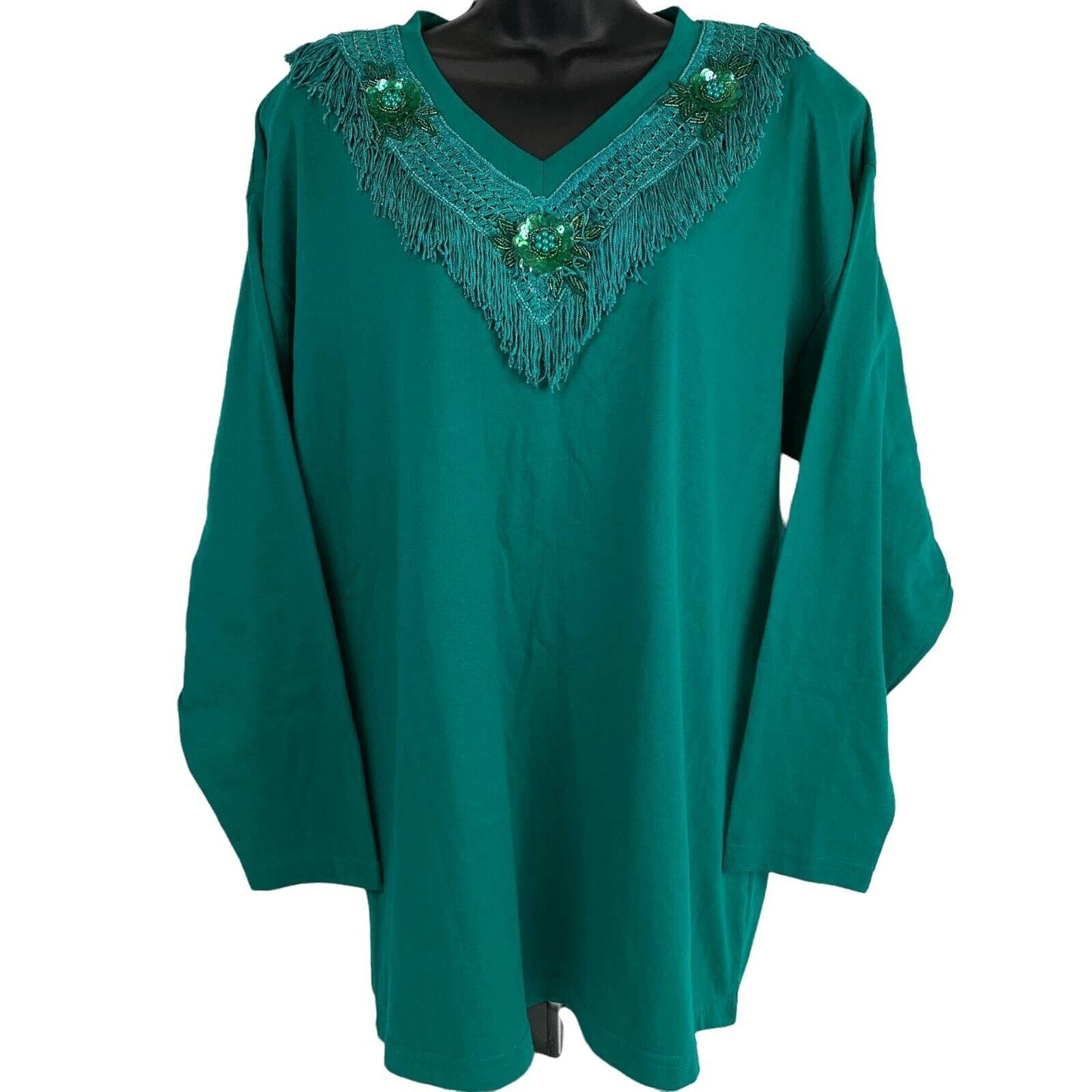 Cesucci Womens Vintage 90s Shirt Green V Neck Embellished Beads USA Made 2X New