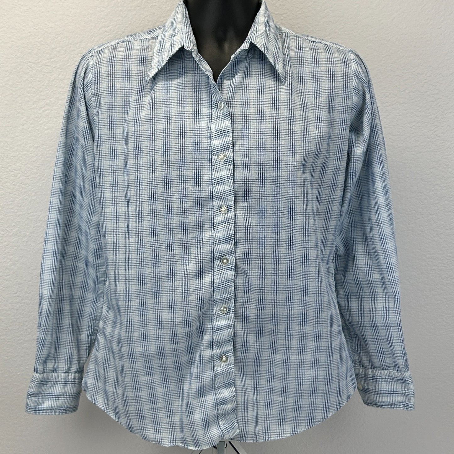 Vintage 70s 80s Button Front Shirt Big Collar Button Up Plaid Blue S Small