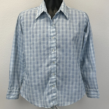Vintage 70s 80s Button Front Shirt Big Collar Button Up Plaid Blue S Small