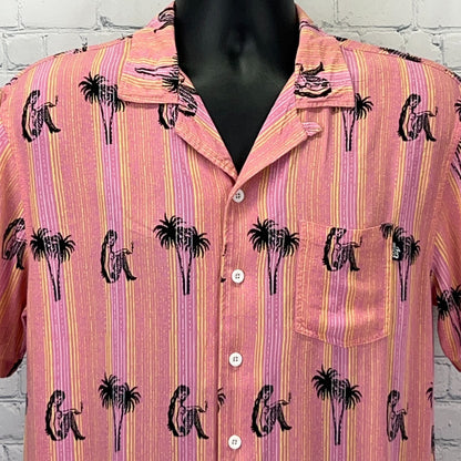 Lost Enterprises Hawaiian Camp Shirt Mens M Medium Pink Pin Up Girl Surfer Skate